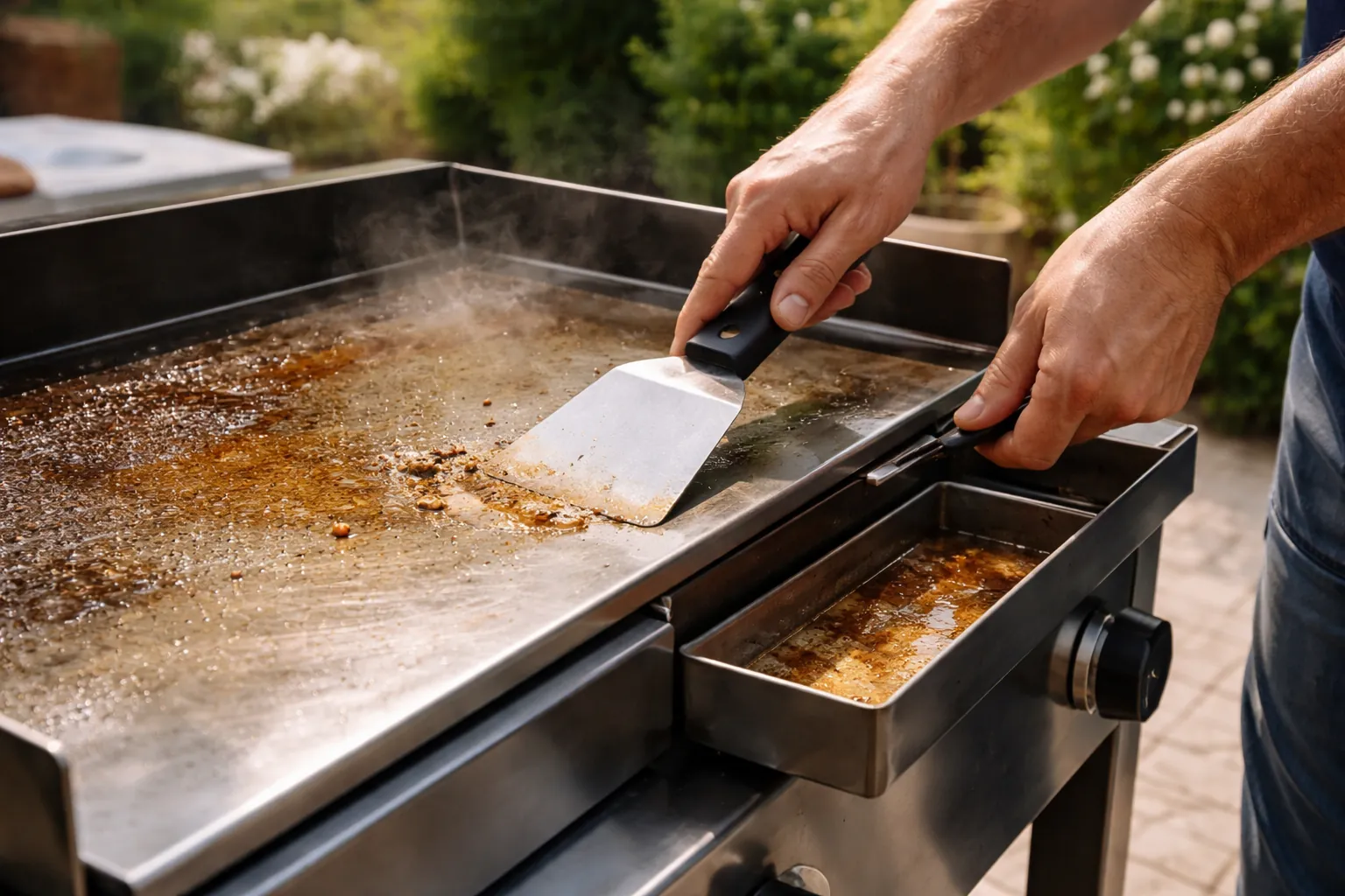 Gros plan sur des mains nettoyant une plaque de plancha avec une spatule près du bac récupérateur de graisses.