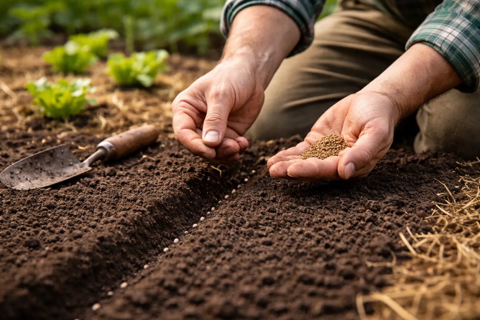Gros plan sur des mains semant des graines de carotte dans une terre fine et ameublie, avec de jeunes salades à l'arrière-plan.
