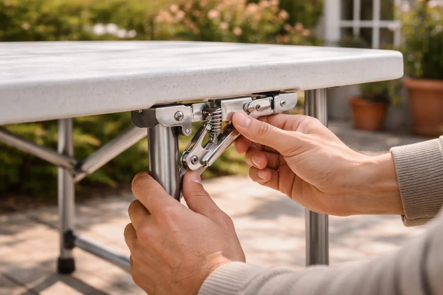 Gros plan sur des mains vérifiant le verrouillage d'une charnière de table de pique-nique pliante.