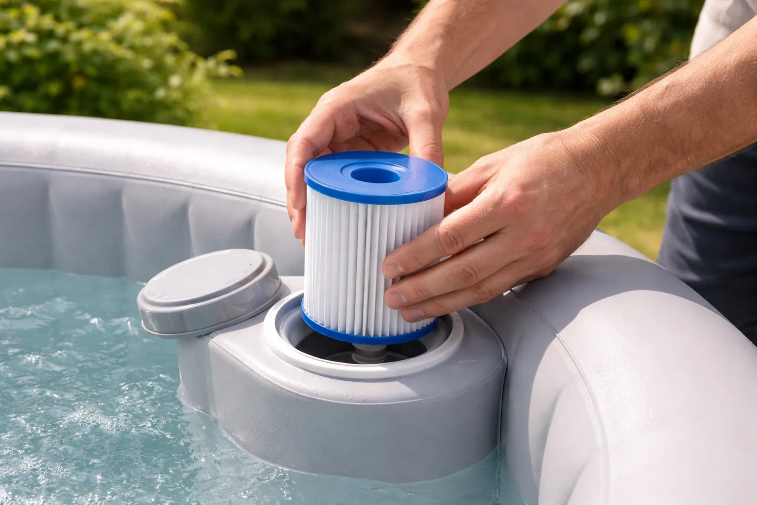 Gros plan sur des mains installant une cartouche de filtration dans un spa gonflable.