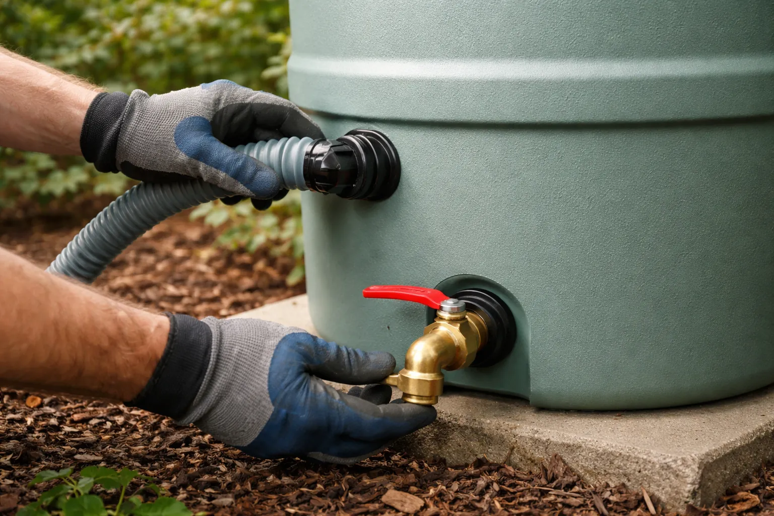 Gros plan sur des mains gantées contrôlant le robinet et le trop-plein d'une citerne d'eau de pluie hors-sol.