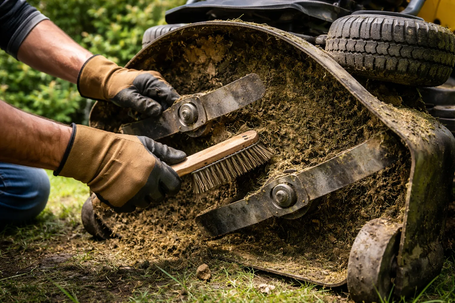 Gros plan de mains gantées retirant des amas d'herbe sous le plateau d'un tracteur tondeuse avec une brosse.