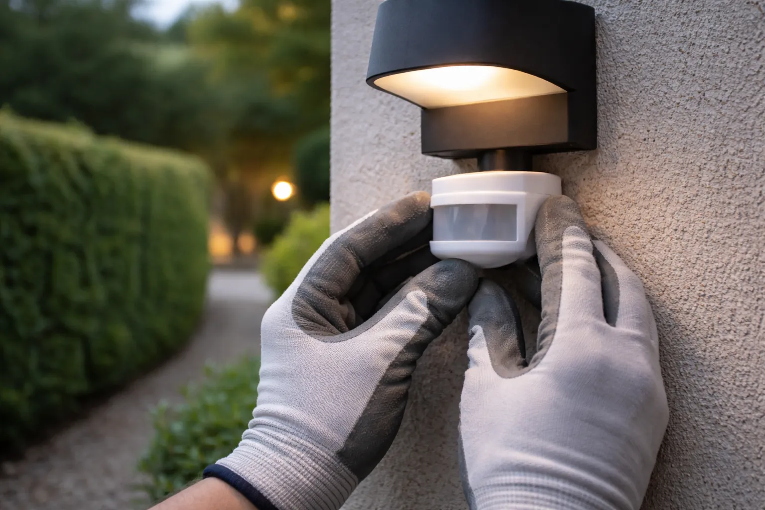 Gros plan sur des mains gantées réglant un détecteur de mouvement extérieur près d'un luminaire et d'une haie taillée.