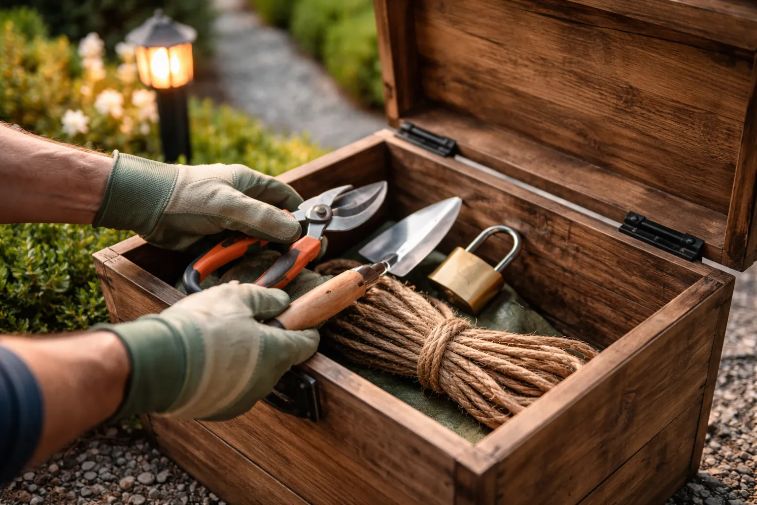 Des mains gantées rangent des outils de jardinage et un cadenas dans un coffre de terrasse en bois.
