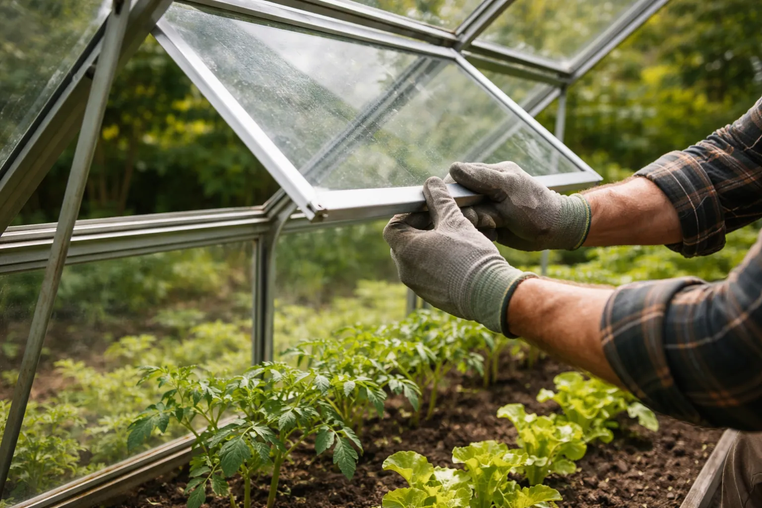 Gros plan sur des mains ouvrant une aération de serre près de jeunes plants de légumes.