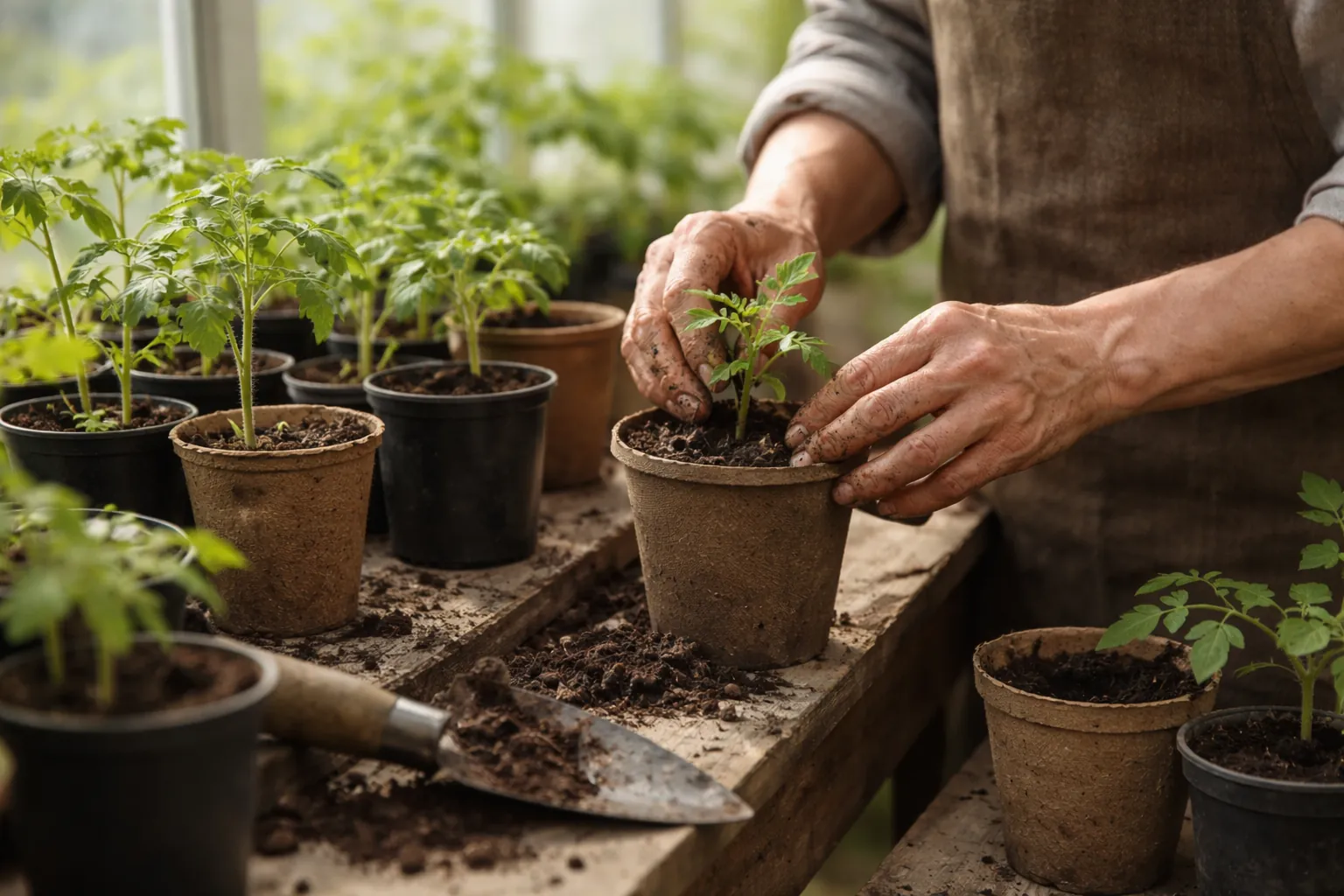 Gros plan sur des mains terreuses repiquant de jeunes plants de tomate dans des godets, sur une tablette en bois à l'intérieur d'une serre lumineuse.