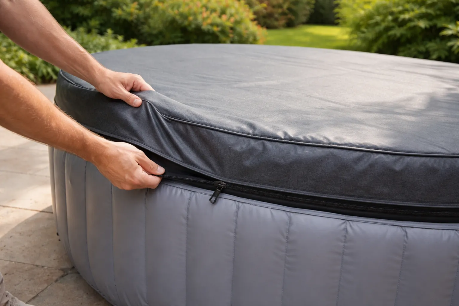 Gros plan sur des mains qui remettent un couvercle isolant sur un spa gonflable dans un jardin.