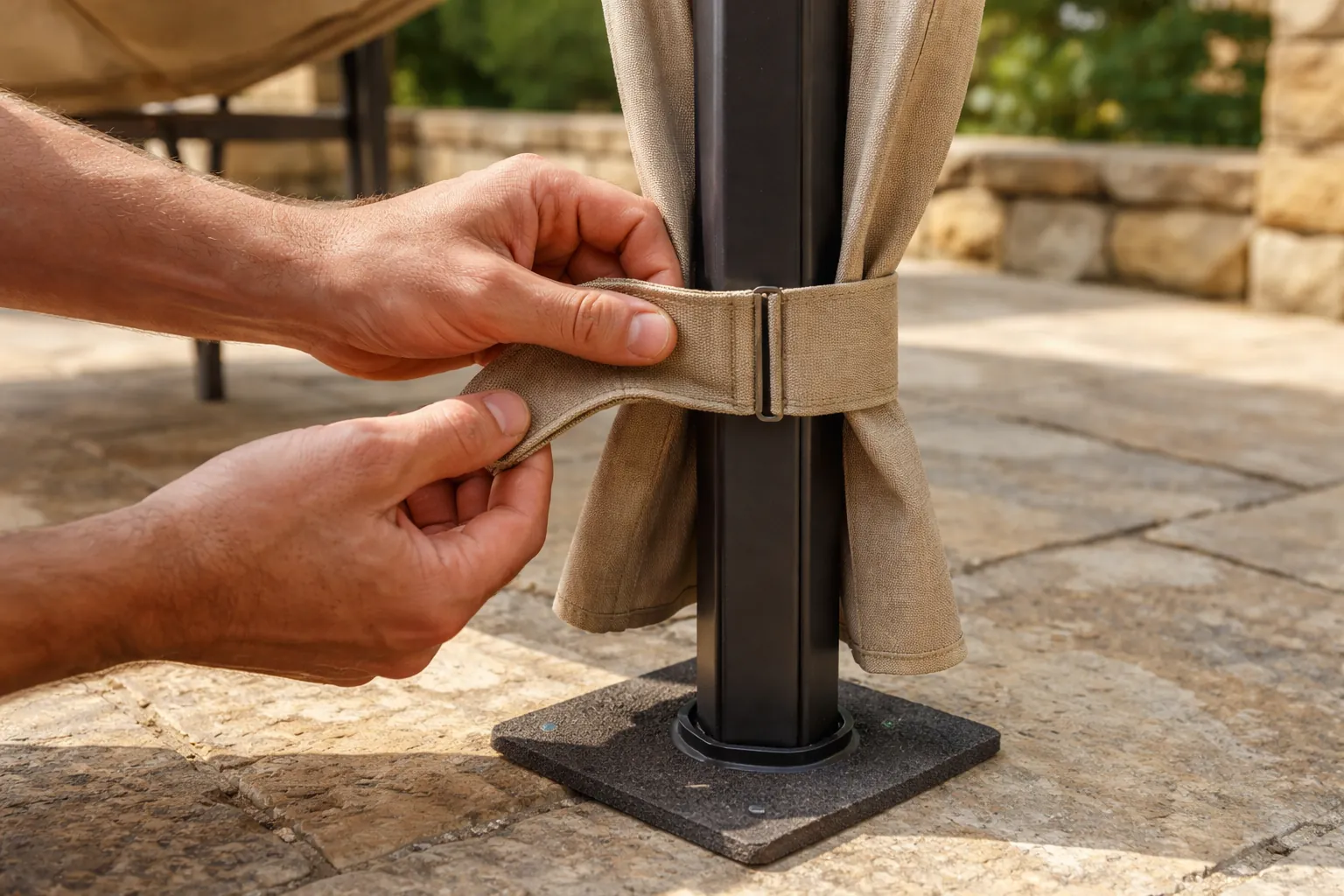 Gros plan sur des mains fixant une sangle de toile à l'armature métallique d'une tonnelle posée sur une terrasse.