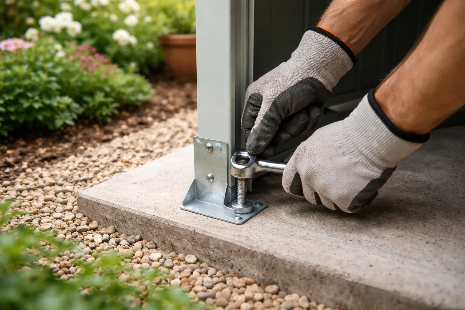 Gros plan sur des mains gantées fixant une équerre d'ancrage au pied d'un abri de jardin posé sur une dalle plane.