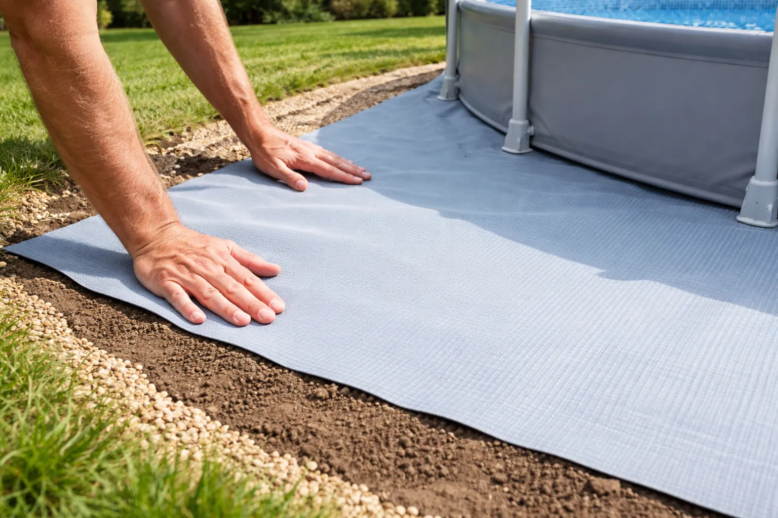 Gros plan sur des mains installant un tapis de sol près d'une piscine hors-sol sur un terrain préparé.