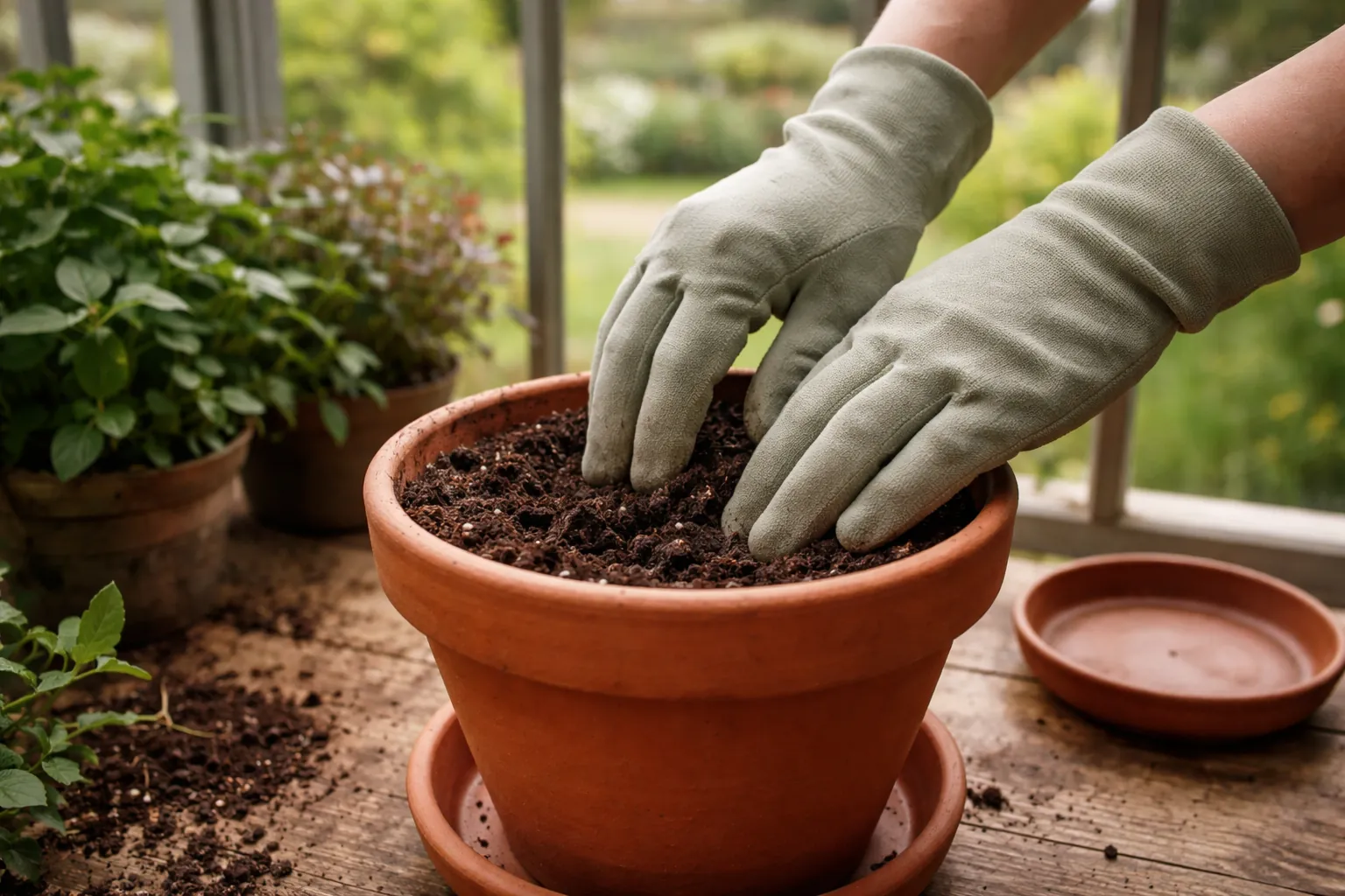 Gros plan sur des mains vérifiant l'humidité du terreau d'une plante en pot dans une véranda.