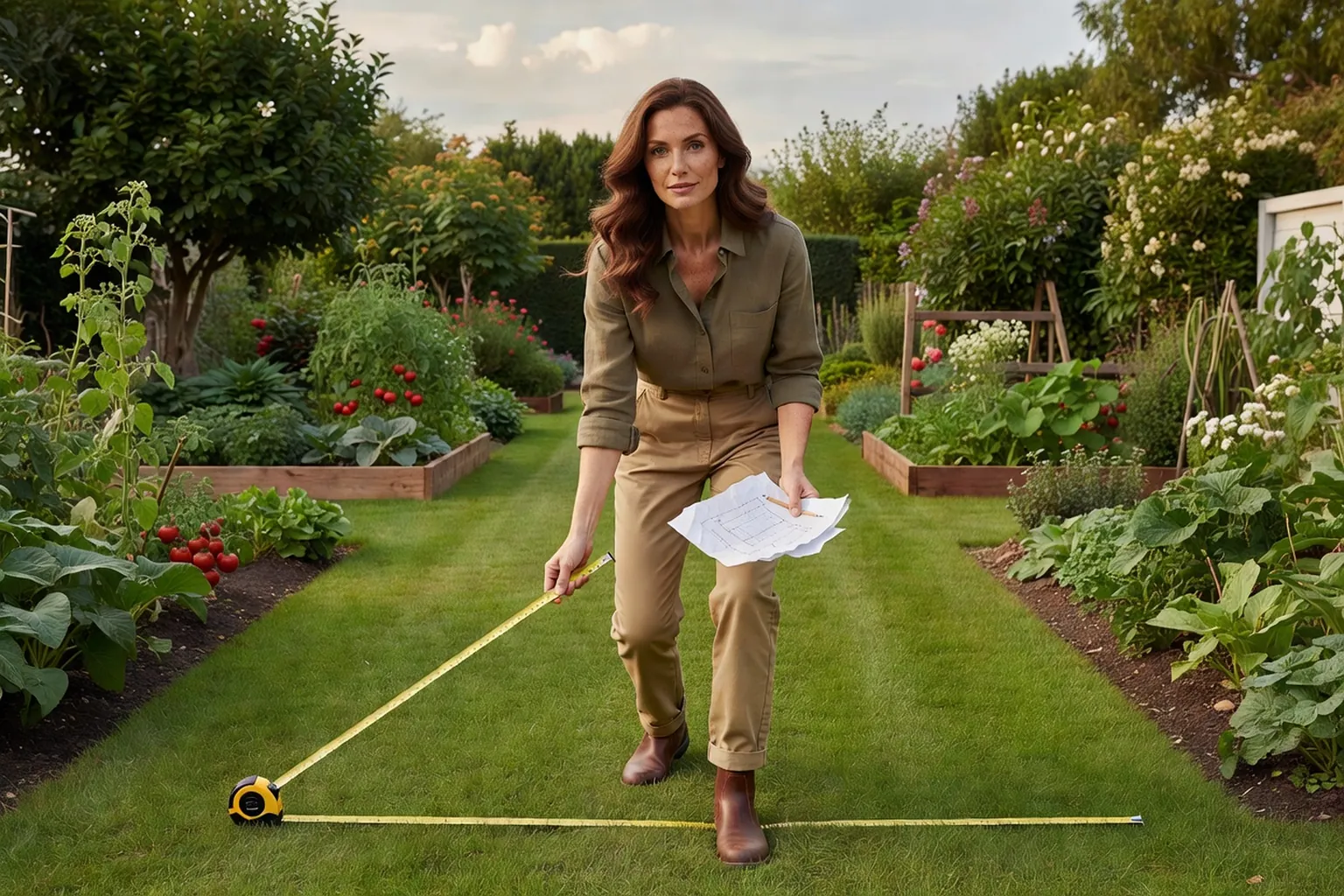 Une femme en tenue de jardinage soignée mesure l'emplacement d'un abri de jardin près d'un potager dans un jardin français.