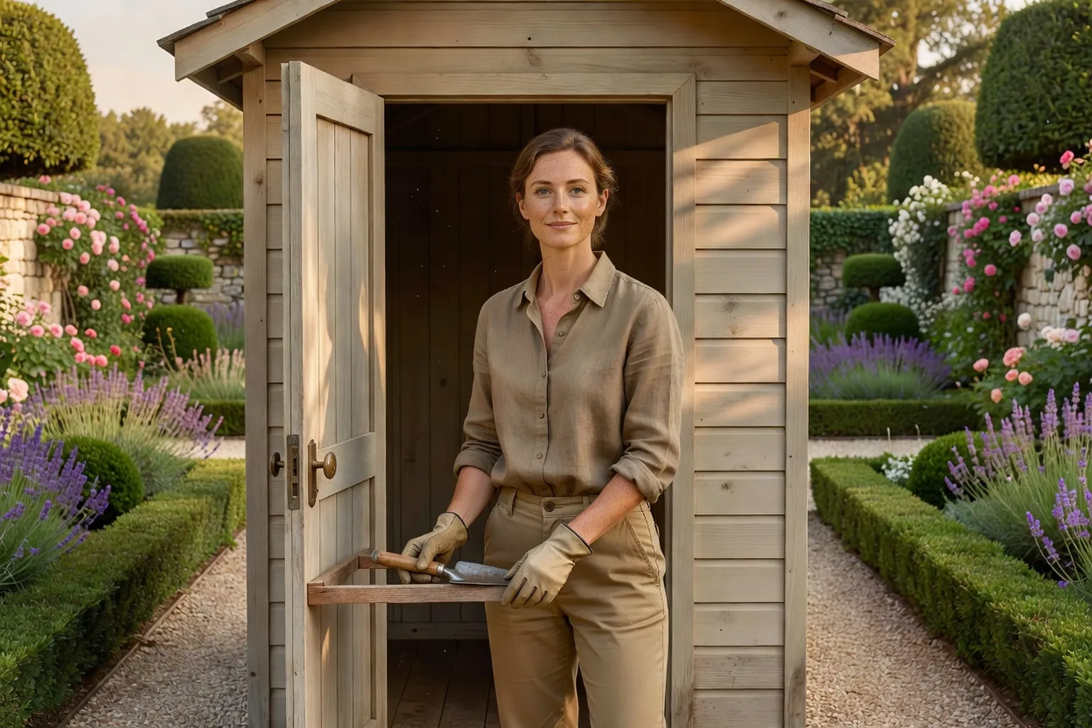 Femme élégante en tenue de jardinage soignée rangeant un outil dans un abri de jardin en bois clair, au fond d'un jardin fleuri.