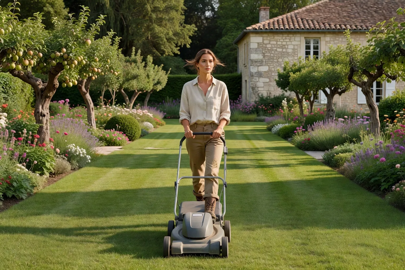 Femme adulte en tenue de jardinage soignée utilisant une tondeuse poussée sur une grande pelouse bordée d'arbres et de massifs dans un jardin français.