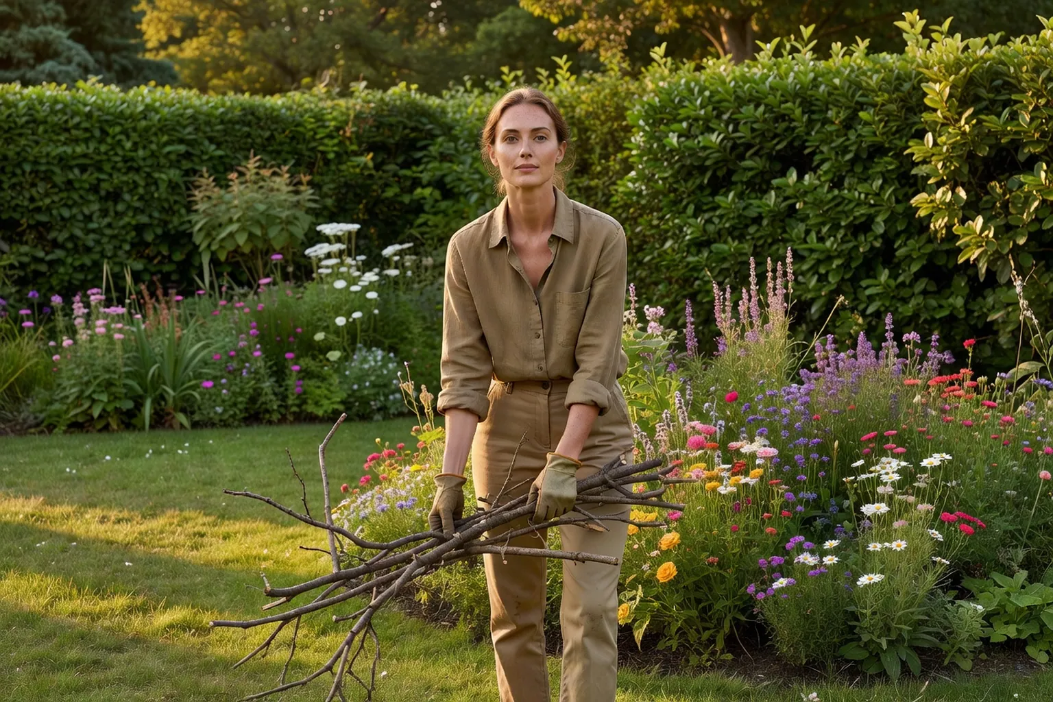 Une femme adulte en tenue de jardinage soignée aménage un petit tas de branches près d'une bordure fleurie et d'une zone de pelouse moins tondue dans un jardin français.