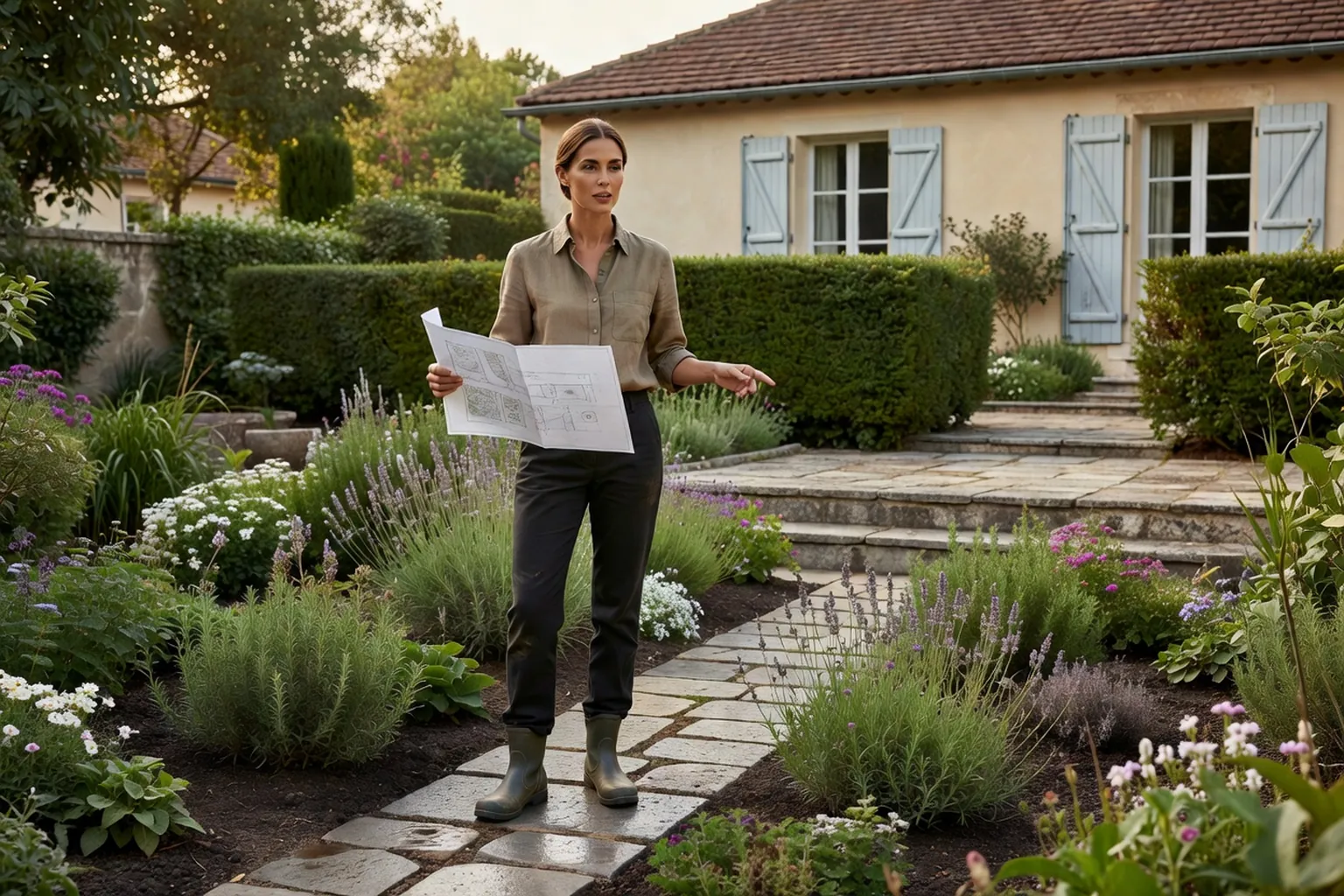 Une femme adulte élégante, en tenue de jardinage soignée, examine un plan d'aménagement près d'une allée dans un jardin français avec terrasse, haie et massifs.