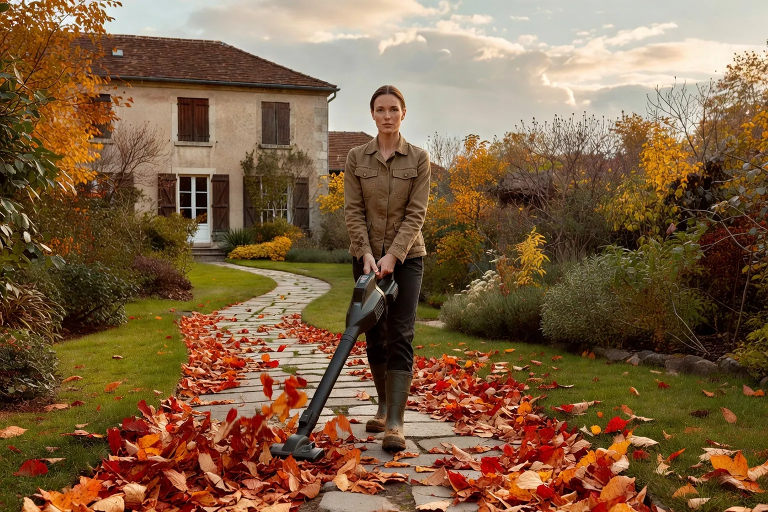 Une femme adulte en tenue de jardinage soignée utilise un aspirateur souffleur broyeur sans marque sur une allée en pierre couverte de feuilles sèches, dans un jardin français.