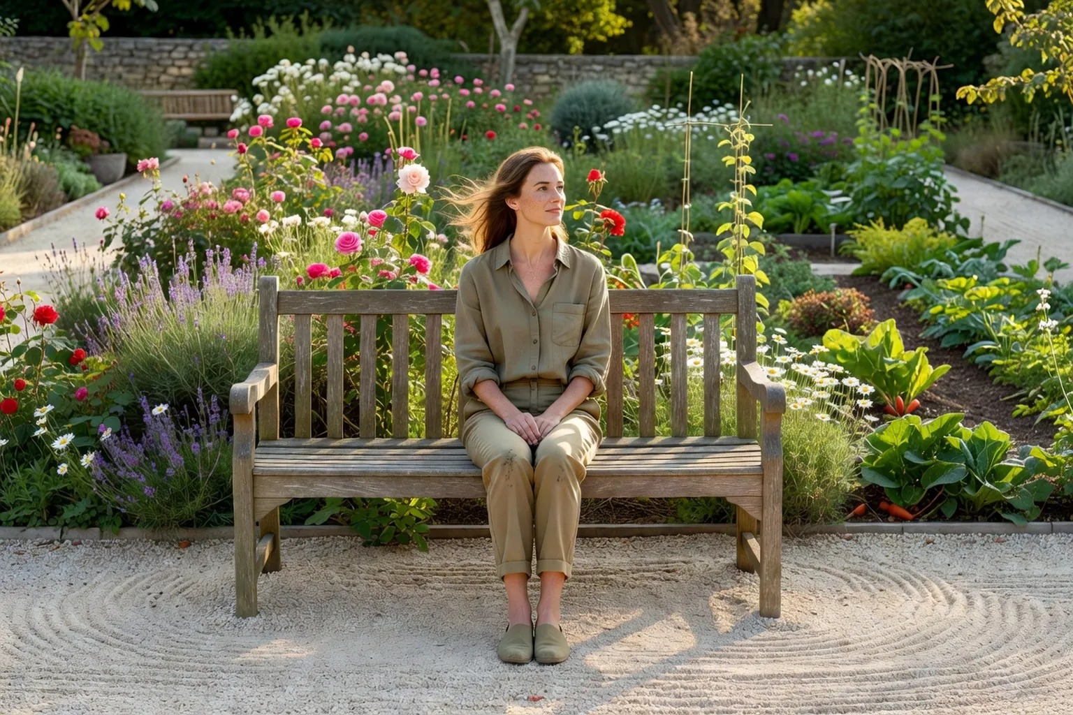 Femme adulte élégante assise sur un banc en bois installé sur du gravier, face à un massif fleuri et à un potager dans un jardin français.
