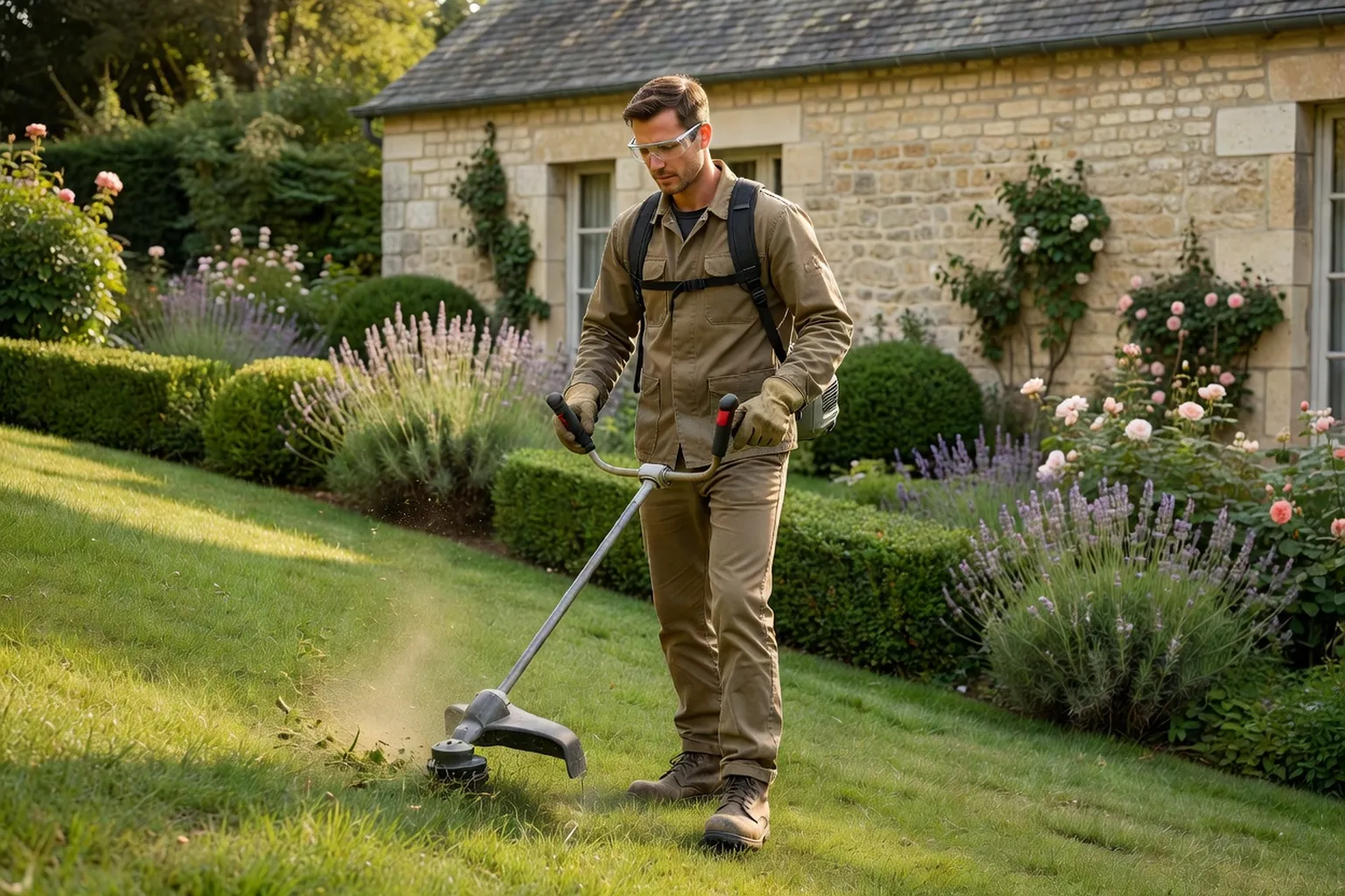 Un homme équipé de lunettes, de gants et d'un harnais débroussaille des herbes hautes au bord d'une haie dans un jardin français.