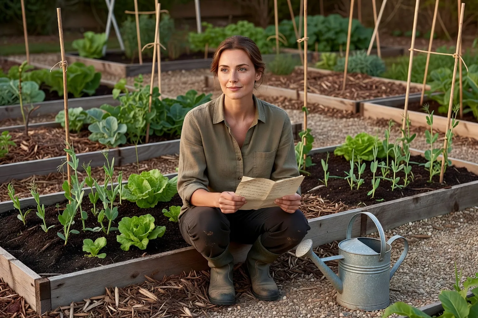 Une femme en tenue de jardinage soignée consulte son plan de cultures près de planches de légumes paillées dans un jardin français.