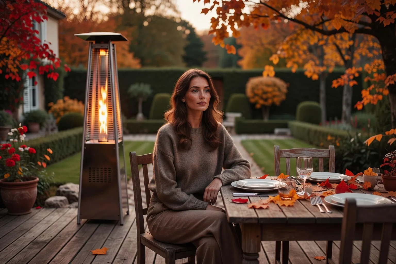 Femme élégante en pull de laine installée sur une terrasse en bois en soirée d'automne, à côté d'un chauffage d'extérieur allumé et d'une table dressée pour un dîner.