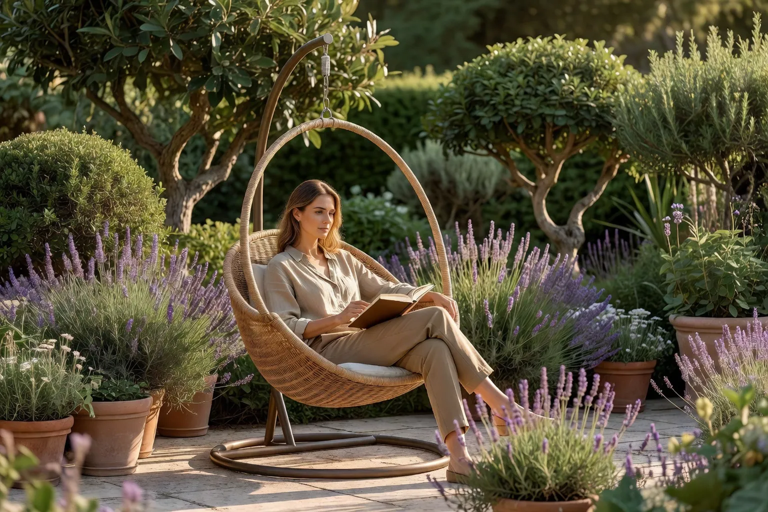 Femme élégante assise dans un fauteuil suspendu sur pied, lisant dans un jardin français près d'une terrasse végétalisée.