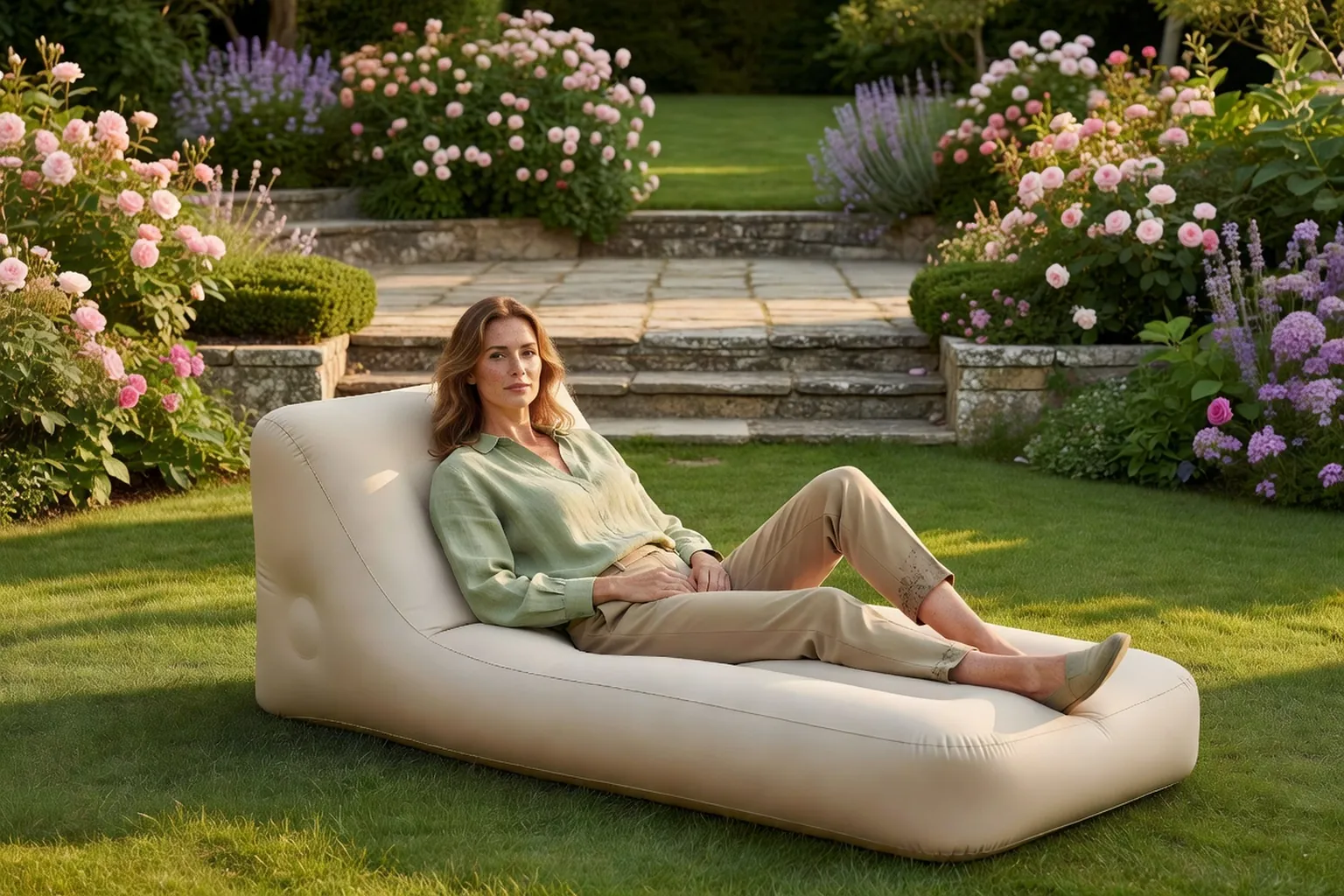 Femme adulte élégamment vêtue, installée dans un hamac gonflable sur une pelouse propre d'un jardin français, près d'une terrasse et de massifs fleuris.