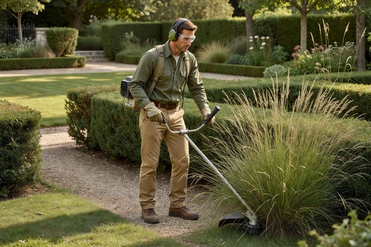 Un homme équipé de lunettes, gants et protections auditives débroussaille une zone d'herbes hautes dans un jardin français.