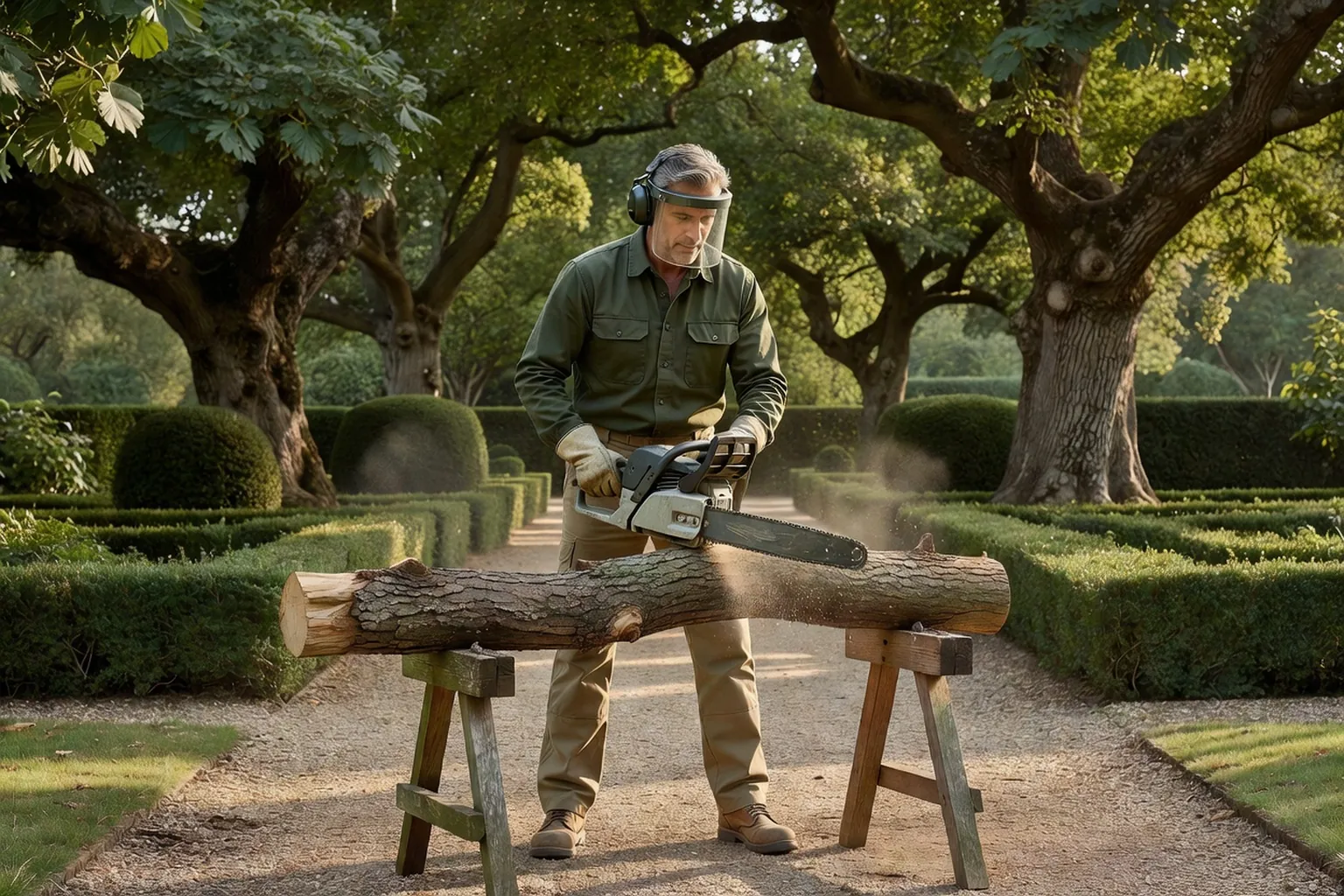 Un homme adulte équipé de protections coupe une bûche posée sur un support stable avec une tronçonneuse thermique dans un jardin français arboré.