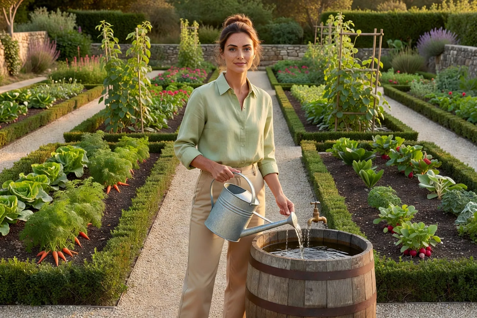 Femme adulte élégante en tenue de jardinage soignée remplissant un arrosoir au robinet d'un récupérateur d'eau de pluie, près d'un potager.