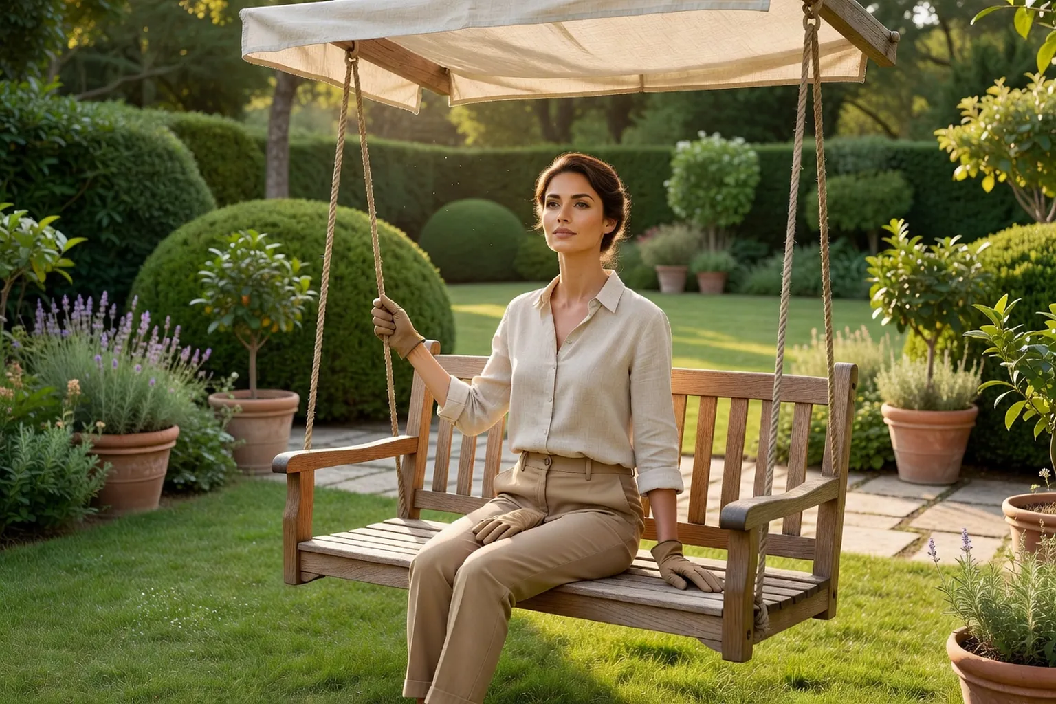 Femme adulte élégante assise sur une balancelle stable dans un jardin français, avec une terrasse, des pots et un espace dégagé autour du siège.