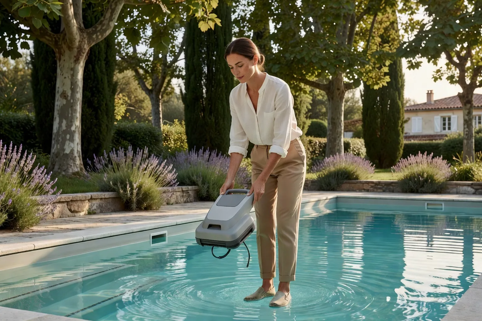 Une femme élégante dépose un robot de piscine dans un bassin entouré d'une terrasse et d'arbustes, dans un jardin français.