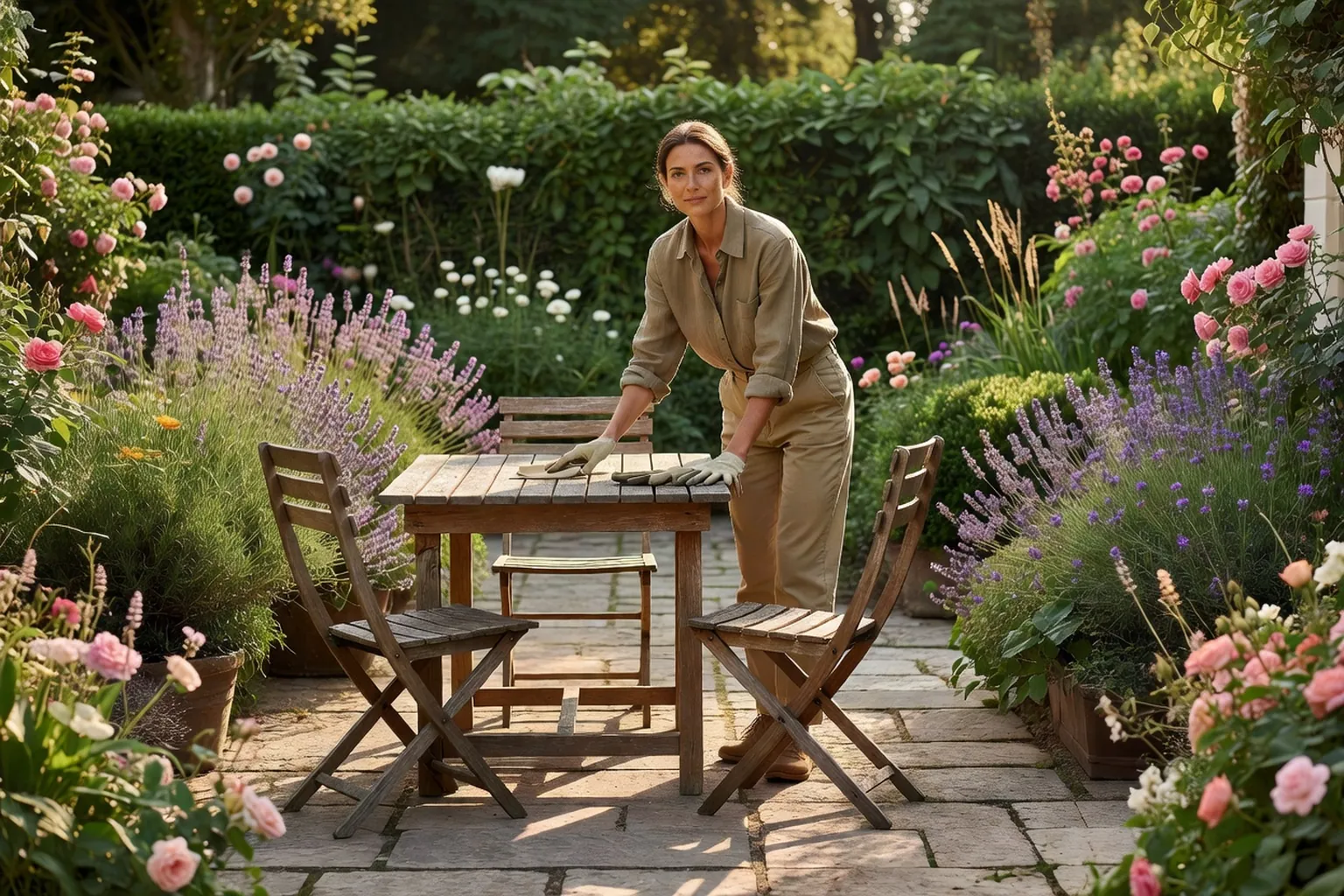 Femme élégante installant une table et des chaises de jardin sur une terrasse en pierre entourée de plantations.
