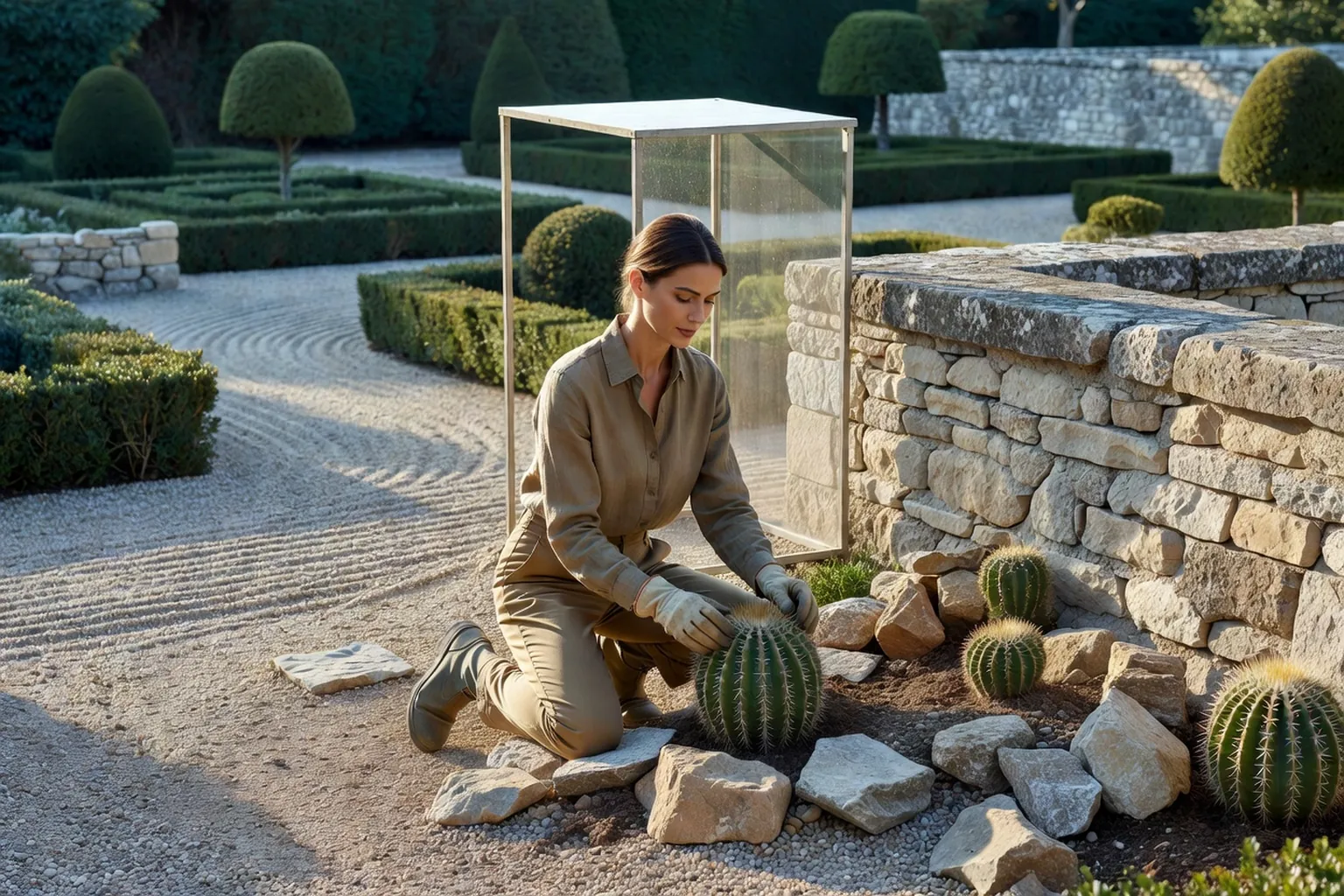 Une jardinière plante un cactus dans une rocaille surélevée et très minérale, près d'un mur ensoleillé d'un jardin français.