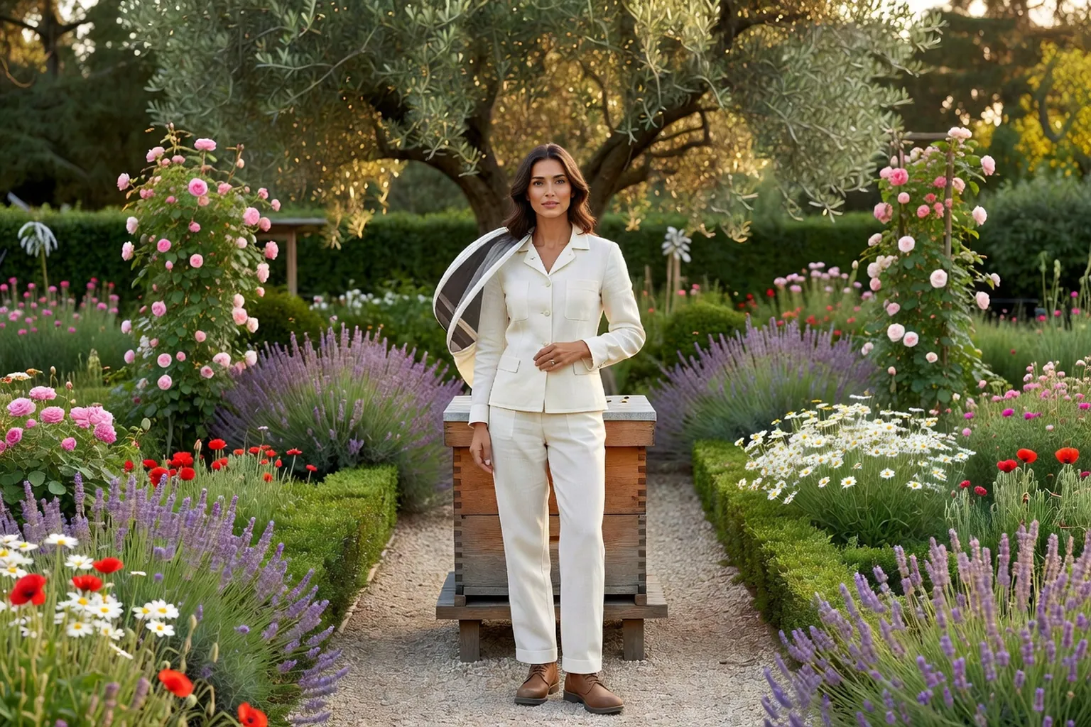 Femme adulte élégante en tenue d'apicultrice soignée, voile relevé, observant une ruche posée au fond d'un jardin fleuri en France.