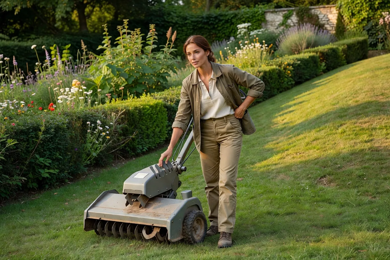 Une jardinière inspecte une épareuse attelée à un tracteur, posée au sol près d'un talus dans un jardin français.