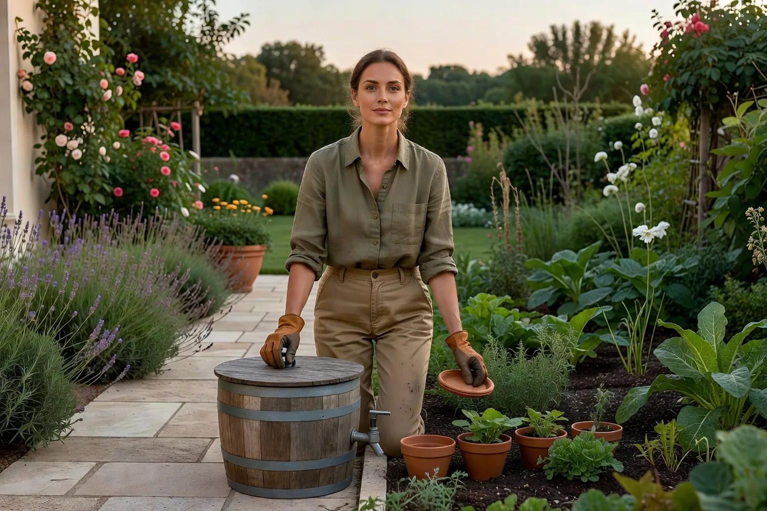 Une jardinière vérifie un récupérateur d'eau couvert et retourne des coupelles près d'un potager, dans un jardin français.