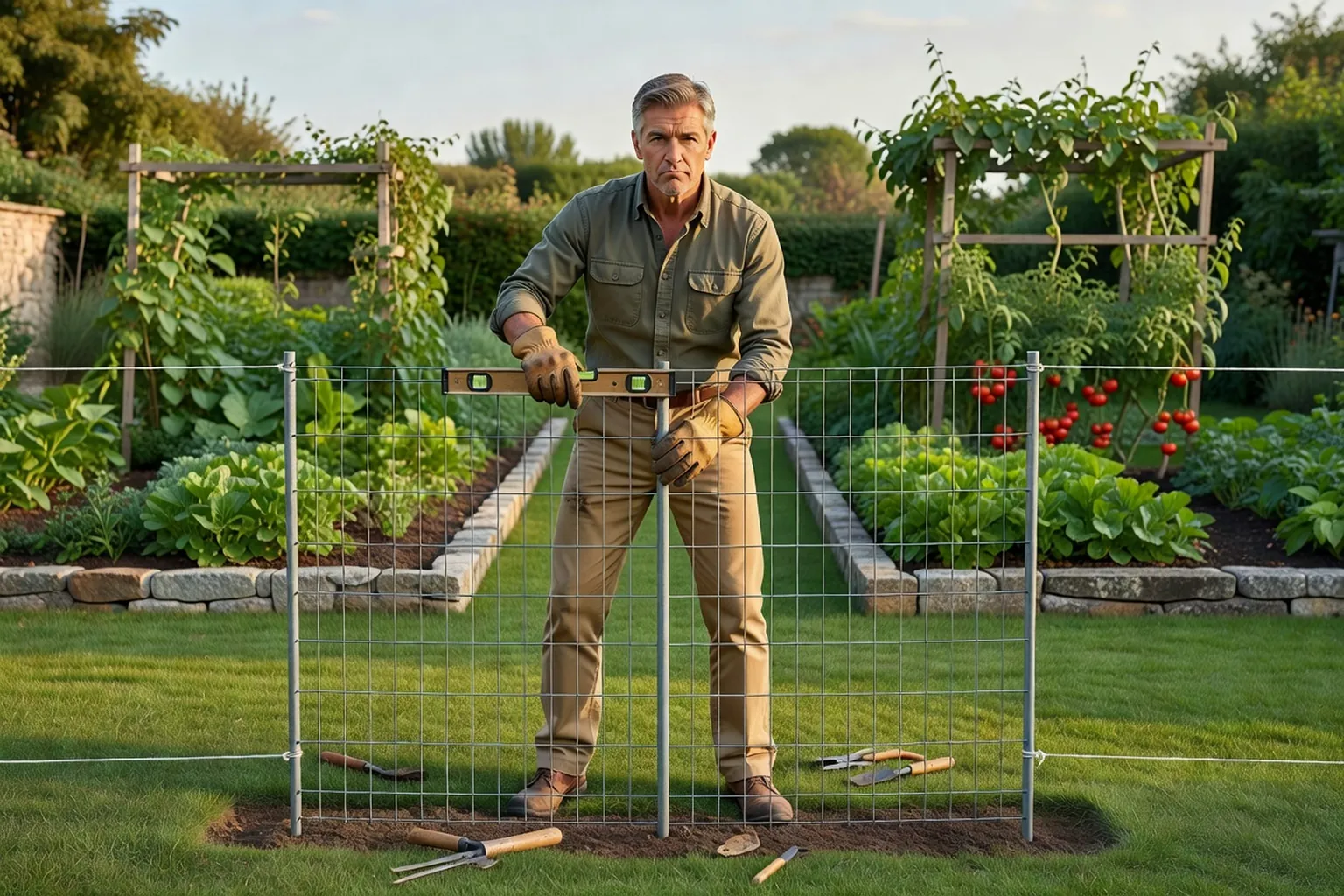 Un homme adulte en tenue de jardinage vérifie au niveau l'alignement d'un panneau de grillage rigide entre deux poteaux dans un jardin français.