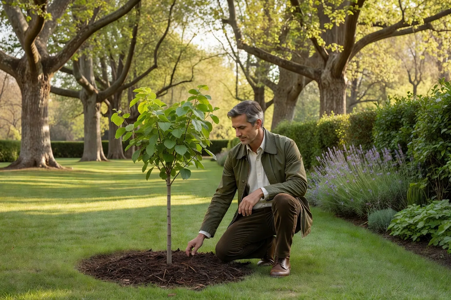 Un homme en tenue de jardinage soignée examine le paillage au pied d'un jeune arbre dans un jardin français.