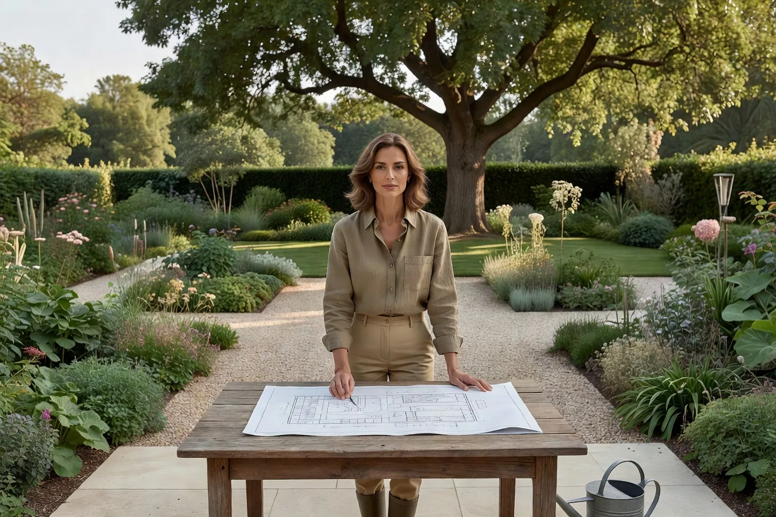 Une femme adulte en tenue de jardinage soignée consulte un plan d'aménagement sur une table, dans un jardin français avec terrasse, massifs et arbre mature.