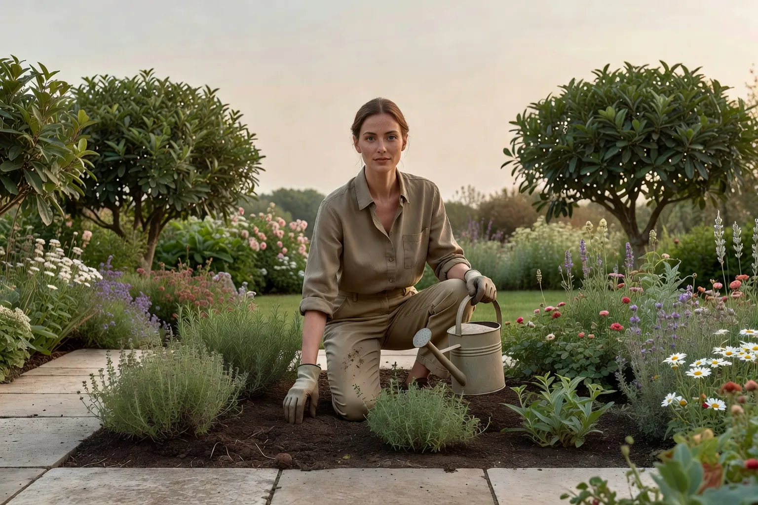 Une jardinière adulte, vêtue d'une tenue soignée, vérifie la terre au pied d'un petit carré d'aromatiques paillé dans un jardin français.