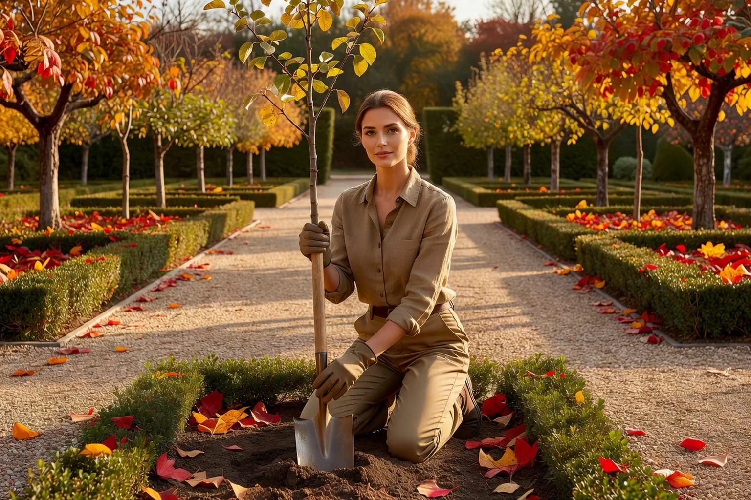 Femme adulte élégante en tenue de jardinage soignée, plantant un jeune arbre fruitier dans un jardin français en automne, bêche à la main.
