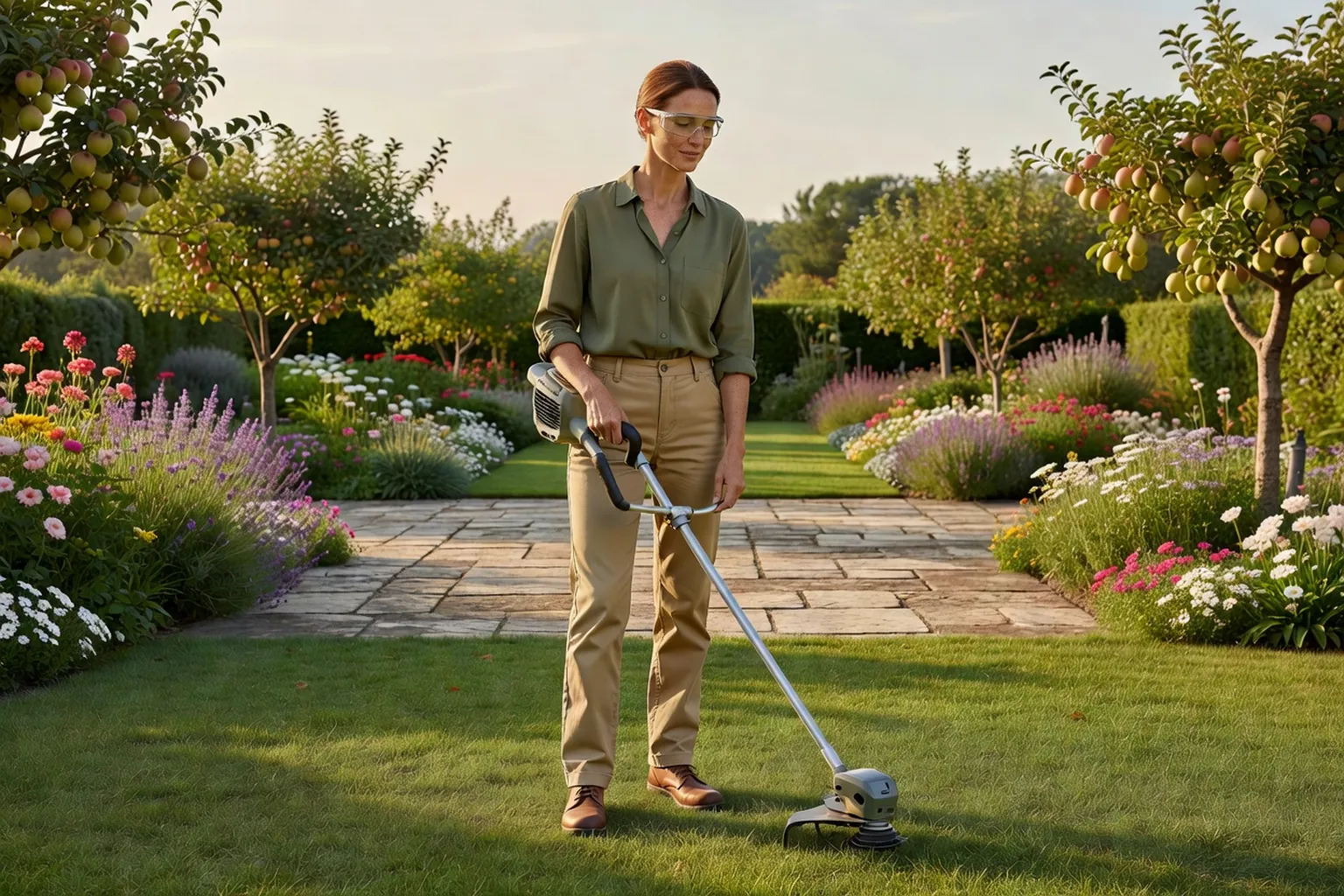 Une jardinière équipée de lunettes de protection utilise un coupe-bordure sans fil le long d'un massif dans un jardin français entretenu.