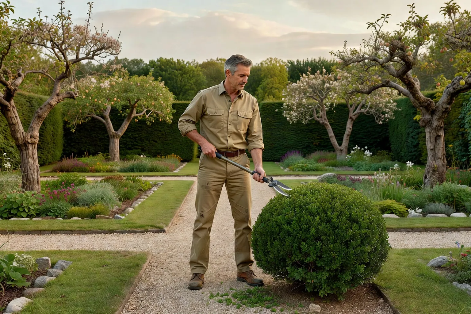 Un jardinier adulte taille un arbuste avec un coupe-branche dans un jardin français, devant une haie et des arbres fruitiers.