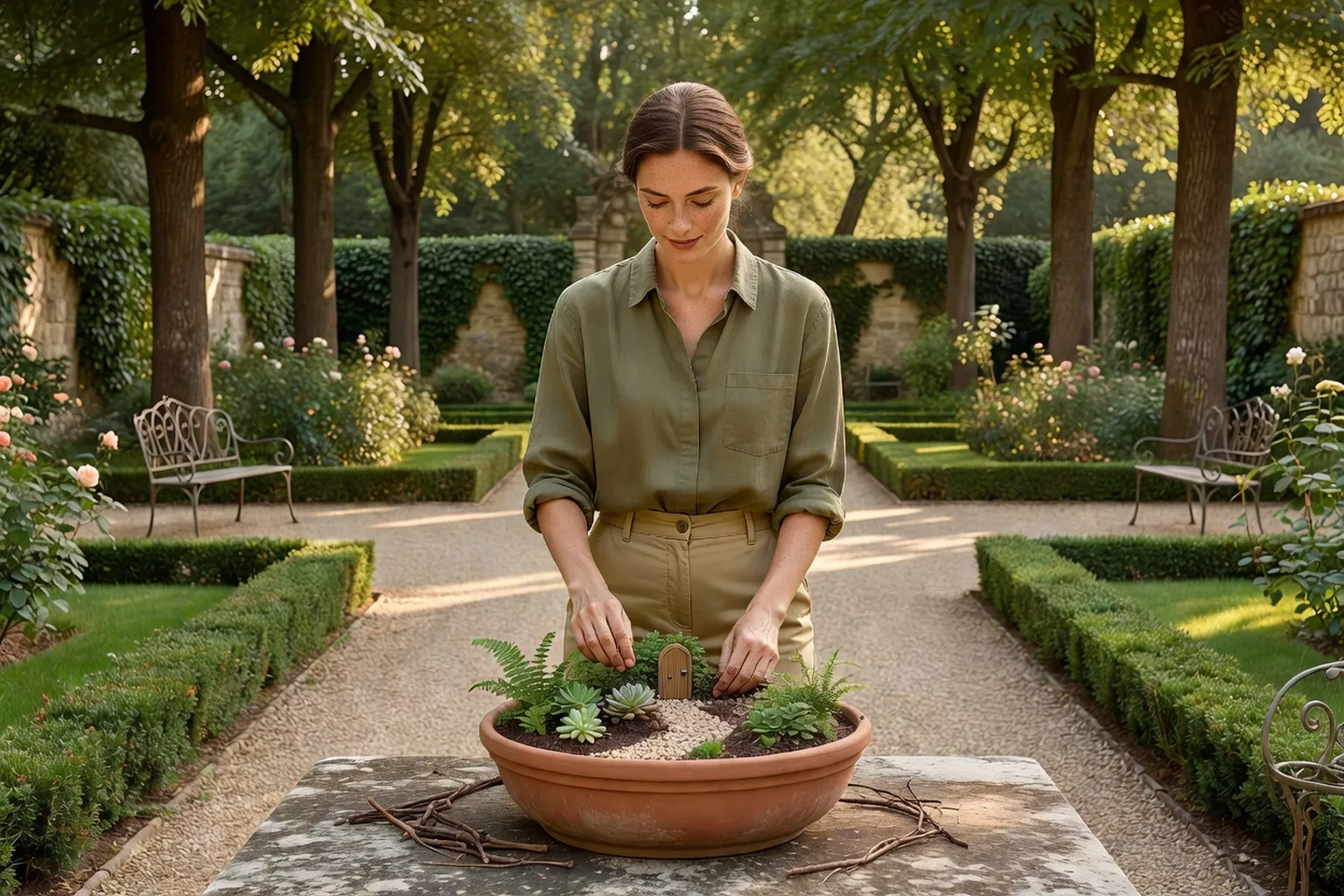 Une femme adulte en tenue de jardinage soignée installe un jardin de fées dans une large coupe en terre cuite, sur une table de jardin française.