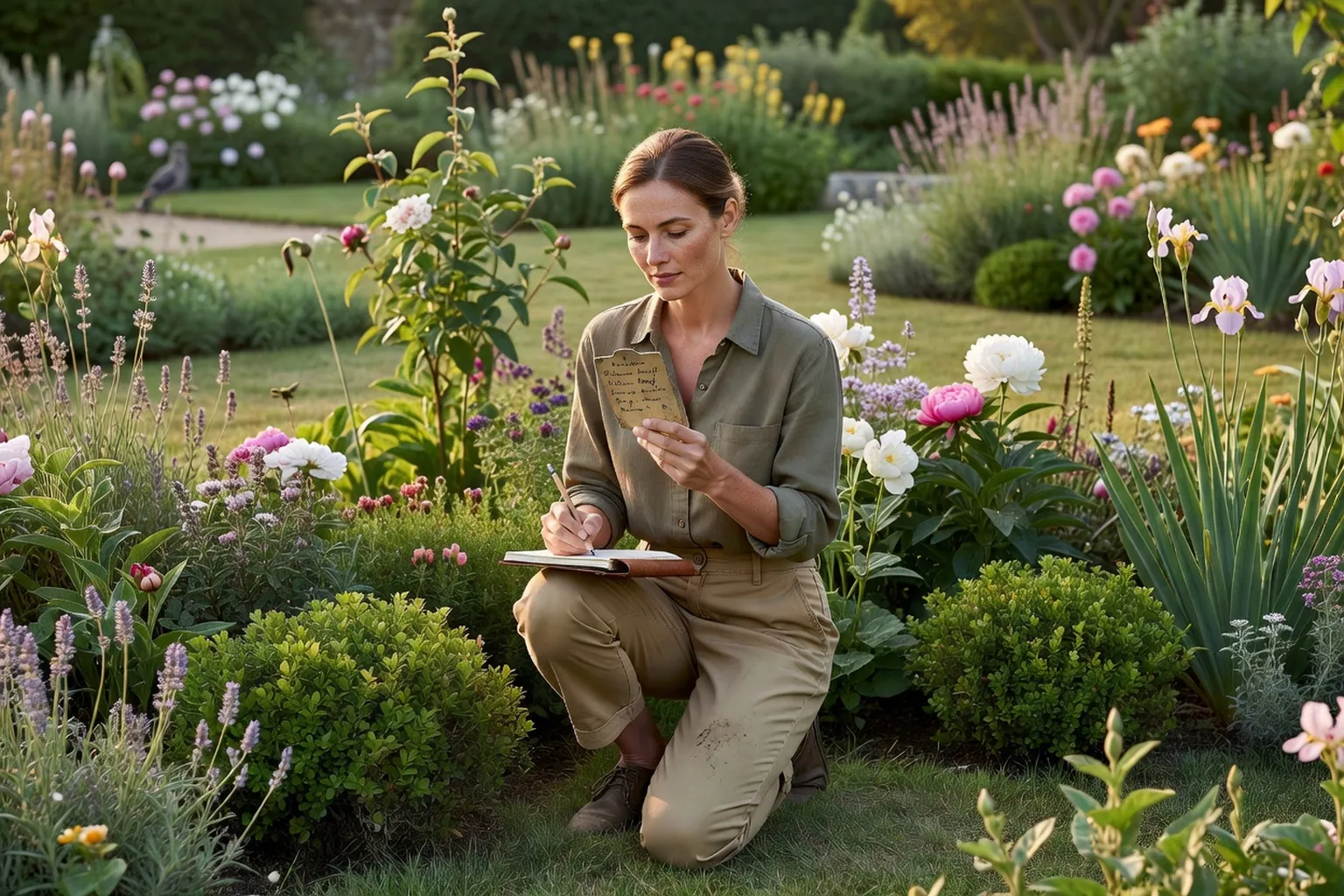 Une jardinière élégante consulte une étiquette de plante et prend des notes dans un carnet au bord d'un massif fleuri d'un jardin français.