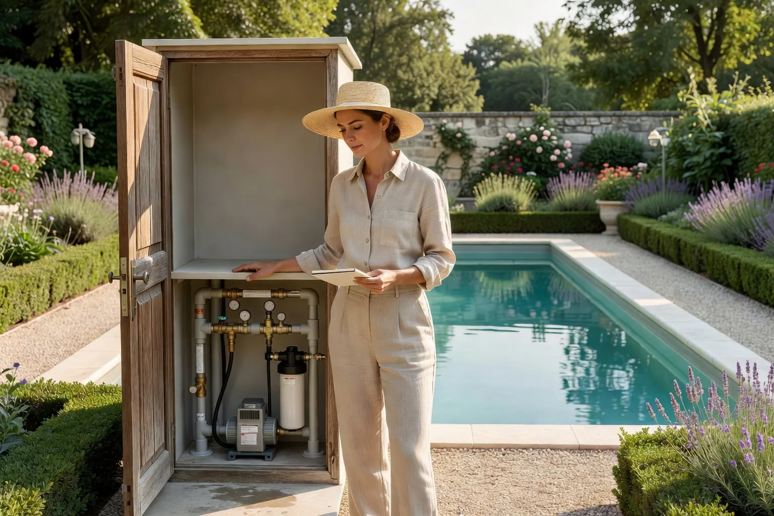 Femme adulte vérifiant les étiquettes de la pompe et du filtre dans le local technique d'une piscine de jardin.