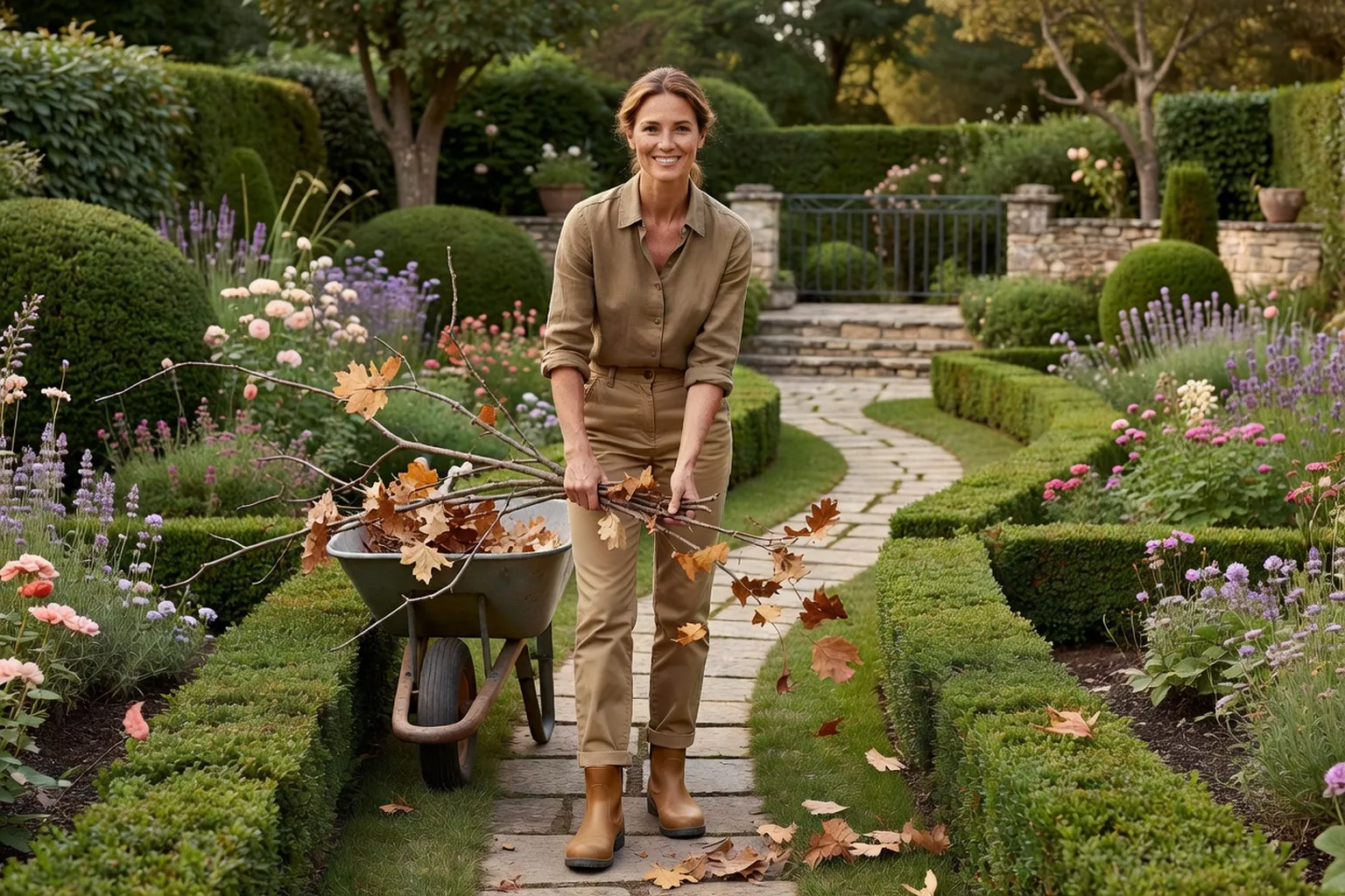 Une femme adulte en tenue de jardinage soignée dégage une allée en pierre avec un râteau dans un jardin français bordé de haies et de massifs.