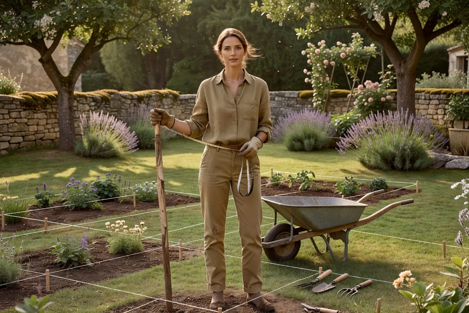 Une femme adulte en tenue de jardinage soignée trace les futurs espaces d'un jardin français avec des piquets, un cordeau et un mètre.