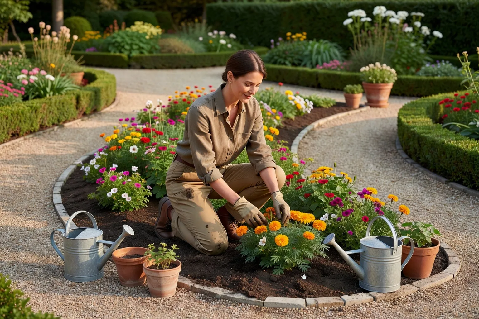 Une femme adulte en tenue de jardinage soignée plante des fleurs dans un massif partiellement dégarnie d'un jardin français, près d'arrosoirs et de pots en terre cuite.